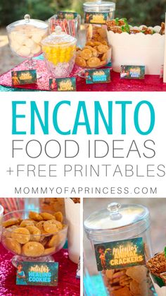 a table filled with snacks and other items for an encanto food ideas free printables