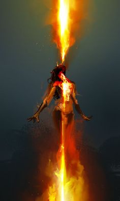 a woman standing on fire with her arms outstretched