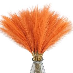 a vase filled with orange feathers on top of a table