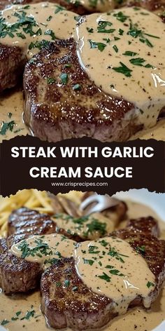 steak with garlic cream sauce served over pasta