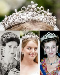 three pictures of women wearing tiaras and pearls