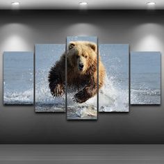 Grizzly Bear In The Water 5 Panel Canvas Print Wall Art - GotItHere.com Canvas Printing, Artwork For Home, Animal Posters, Grizzly Bear, Dining Room Walls, Small Wall, Fabric Panels, Bar Decor, Kitchen Wall Art