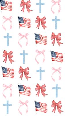 an american flag with bows and crosses painted on the back ground in red white and blue