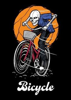 a skeleton riding a bicycle with an orange ball in the background