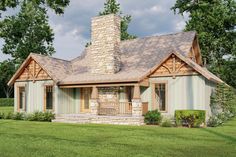 a small house with a stone chimney in the middle of a grassy area next to trees