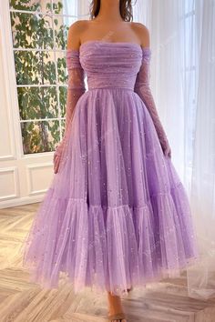 Sparkly Stars Lilac Tulle Custom Off Shoulder Ankle Length Formal Dress with ruched straight across neck, sheer long sleeves, puffy A-line skirt with ruffled hemline. Look stunning in this beautiful, custom off-shoulder ankle-length formal dress in sparkling lilac tulle. Perfect for your special occasions, this exquisite dress will make you shine and give you a confidence boost. shown color lilac bra support with cups boning yes closure back zipper lining fully lined except sleeves Prom Dress With Gloves, Cocktail Pattern, Midi Prom Dress, Dress With Gloves, Ruffle Prom Dress, Long Dresses Elegant, Princess Sleeves, Vintage Prom, Prom Dresses Vintage