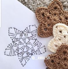 two crocheted pieces of yarn sitting on top of a piece of paper