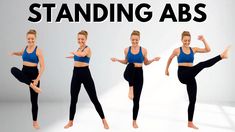 a woman doing yoga poses with the words standing abs