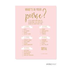 what's in your purse? pink and gold baby shower game