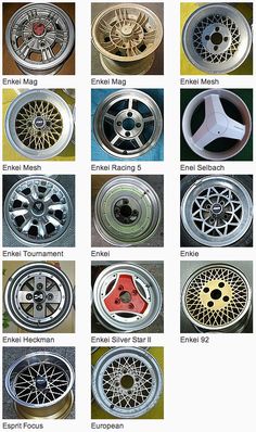 various types of wheels and rims are shown in this image, with the names below them