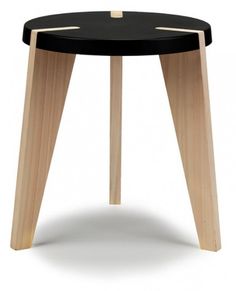 a black and wooden stool with two legs