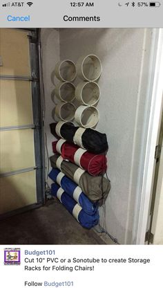 a stack of buckets sitting on top of a metal rack