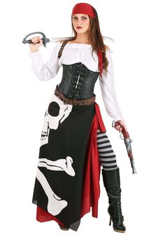 So, you’ve just enlisted with one of the top pirate crews. You have two days to prep your things before you sail--pack your bag, say goodbye to those land lovers, (and pick up an extra box of Dramamine at the local drug store). You want to show up looking fierce and every bit as worthy of the sea as your male counterparts. It’s this Womens Skeleton Flag Rogue Pirate Costume for you, then, lassie! This ensemble helps you to show those sea dogs that you're no rookie, you can pillage and plunder wi Diy Karneval, Jolly Roger Flag, Women Skeleton, Black Halloween Dress