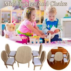 children's wooden table and chairs with white cushions