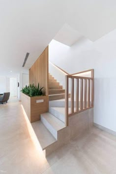 the stairs are made of wood and have planters on them