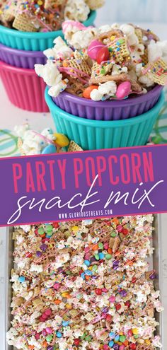 party popcorn snack mix in colorful bowls with text overlay that reads party popcorn snack mix