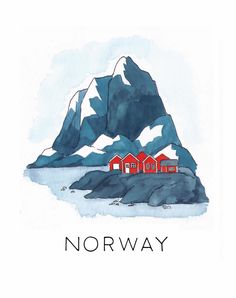 a red house sitting on top of a mountain next to the words norway written in black