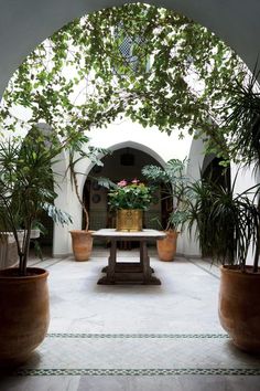 an archway with potted plants and a table in the middle between two large planters