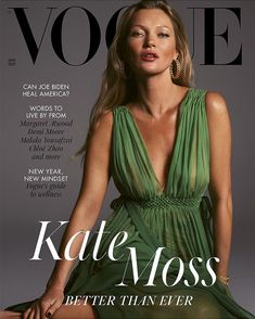 a woman in a green dress is featured on the cover of a magazine with her legs crossed