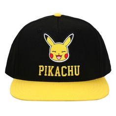 Celebrate your favorite electric mouse with this Pokemon snapback cap. The hat comes in black with a yellow brim and features an image of Pikachu’s smiling face while yellow letters below the character spell out his name. The hat is equipped with an adjustable snapback feature and measures 56 cm. Fans of the Pokemon games will love this comfy snapback hat. Playful Black Baseball Cap With Curved Brim, Novelty Snapback Hat For Streetwear, Playful Black Snapback Baseball Cap, Playful Black Snapback Hat, Novelty Black Flat Bill Baseball Cap, Playful Snapback Baseball Cap For Streetwear, Yellow Snapback Hat For Streetwear, Playful Yellow Snapback Hat, Pokemon Headbands