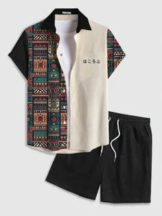 Two Pieces Outfits, Two Piece Outfits Shorts, Pieces Outfits, Embroidered Corduroy, Geometric Patchwork, Mens Trendy Outfits