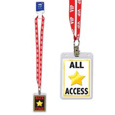 two lanyard badges with red, white and blue ribbons