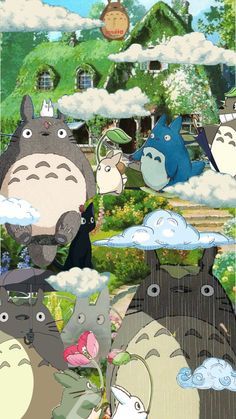 an image of many different cartoon animals in the air with clouds and trees behind them