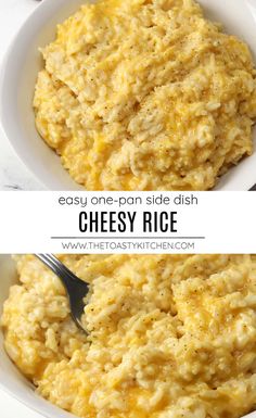 cheesy rice in a white bowl with a spoon and the words easy one - pan side dish