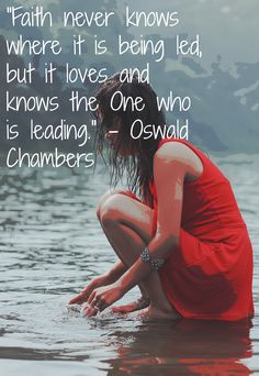 a woman in a red dress sitting on the water with a quote from oswald