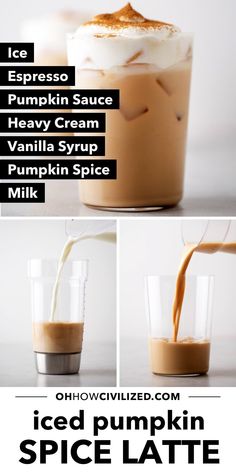 an ice cream pumpkin spice latte is being poured into a cup