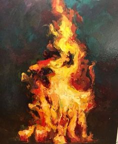 a painting of a fire burning in the dark