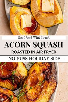 acorn squash roasted in air fryer, no - fuss holiday side with text overlay