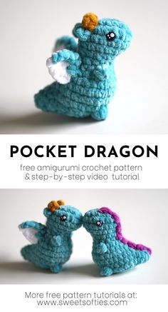 two crocheted stuffed animals with the text pocket dragon on top and below them