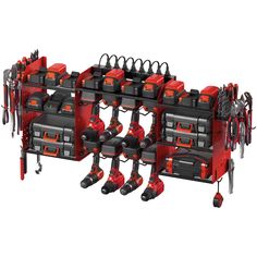 PRICES MAY VARY. Red wall mount power tools organizer with power strip, pegboard design, 8 slots, 4 hooks, 4 pegboard hooks and 2 side tool organizer, 3 layer structure shelf and one layer adjustable for actual needs, can keep rechargeable tools organized in the work area and save your bench space. About large size 39 inch long power tool organizer with charging station, provides large enough storage space for 8 drills and 7 shelves. 8 outlets for cordless drills and tools batteries put together Tool Battery Storage, Pegboard Design, Garage Utility, Cordless Drill Batteries, Tools Organizer, Power Tool Organizer, Power Tool Storage, Drill Holder, Utility Shelves