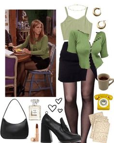 Winter 90s Outfits Rachel Green, Rachel Green Spring Outfit, Rachel Green Mini Skirt Outfit, Rachel Skirt Outfit, Rachel Style Friends, Rachel Green Green Outfit, 90s Green Outfit, Friends Show Outfits Rachel Green, Outfit Ideas Rachel Green