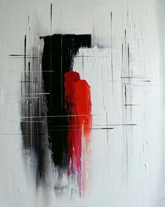 an abstract painting with black, red and white colors on it's surface is shown