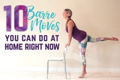 a woman is doing yoga on a chair with the words 10 dance moves you can do at home right now