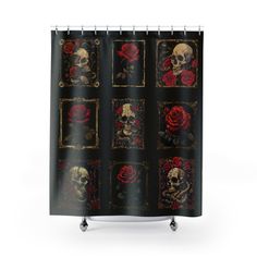 a black shower curtain with red roses and skulls on the sides, all in different colors