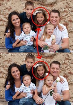 the family is posing for pictures on the beach