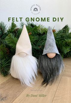 two gnomes are sitting next to each other on the floor with pine branches in the background