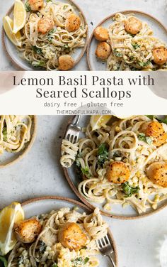 lemon basil pasta with seared scallops on plates