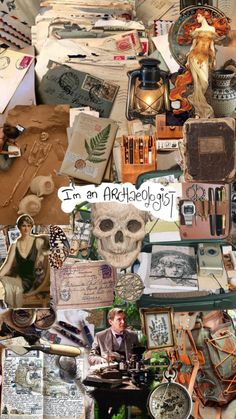 a collage of photos with various items and words written on the top, including an image of a human skull