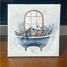 a painting of a bathtub with flowers in it