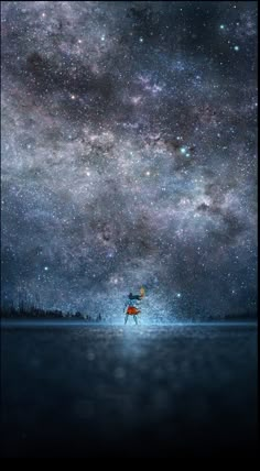 a person standing in the middle of water under a night sky filled with stars