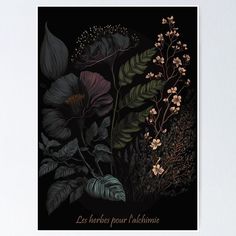 an illustration of flowers and leaves on a black background poster