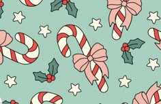 christmas candy canes and holly leaves with bows on mint green background, seamless