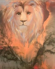 a painting of a lion with trees in the background