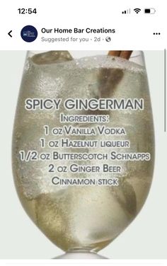 a glass filled with ice and water next to a sticker that reads spicy gingerman ingredients