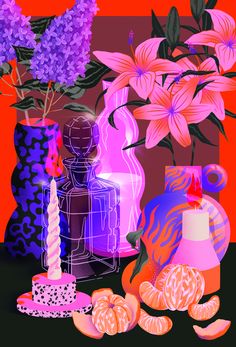 an image of vases with flowers and candles