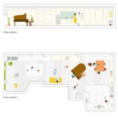 the floor plan and elevation views of a living room, dining area and bedroom in an apartment